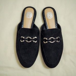 *SOLD* NWOT SO Black Faux Suede Slip-on Mules, fit like a size 8